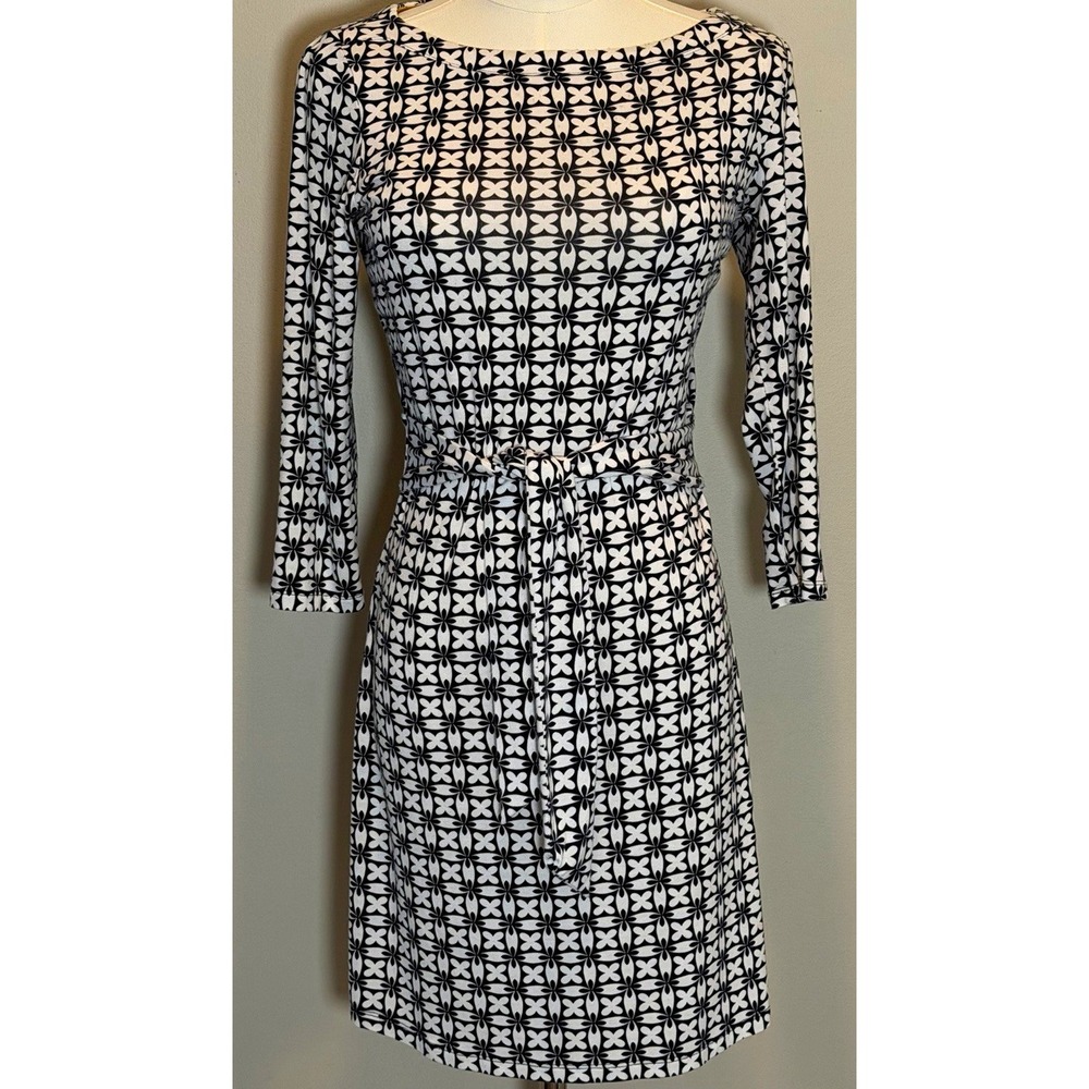 Boden Navy White Knit Shift Dress 2P Petites 3/4 Sleeve Scoop Neck Stretch EUC
